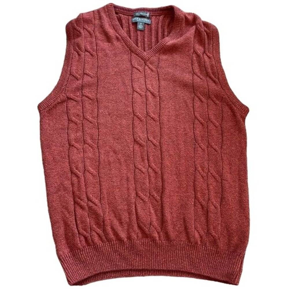 Lyle and Scott Sweater Vest Cable Knit Burnt Orange combed Cotton Size Medium